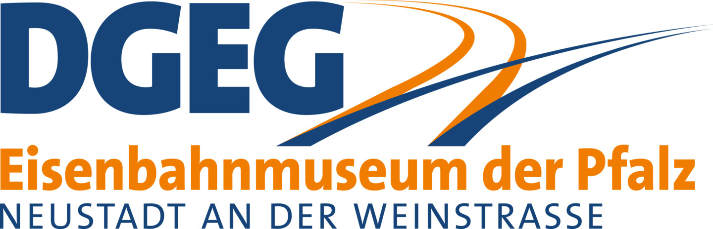 Logo der DGEG Eisenbahnmuseum der Pfalz in Neustadt an der Weinstraße mit stilisierten, geschwungenen Eisenbahnschienen in Blau und Orange