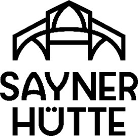 Schwarz-weißes Logo mit stilisierter Brücken- oder Hallenform über dem großen Text SAYNER HÜTTE