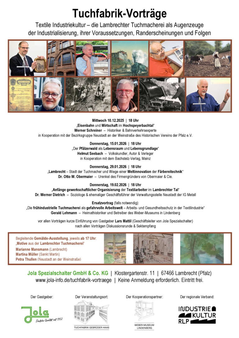 Plakat für Tuchfabrik-Vorträge über textile Industriekultur und die Lambrechter Tuchmacherei mit Fotos von Rednern, historischen Bildern und Veranstaltungsterminen von Dezember 2025 bis Februar 2026 sowie Informationen zur begleitenden Gemälde-Ausstellung und Logos der Veranstalter und Partner.